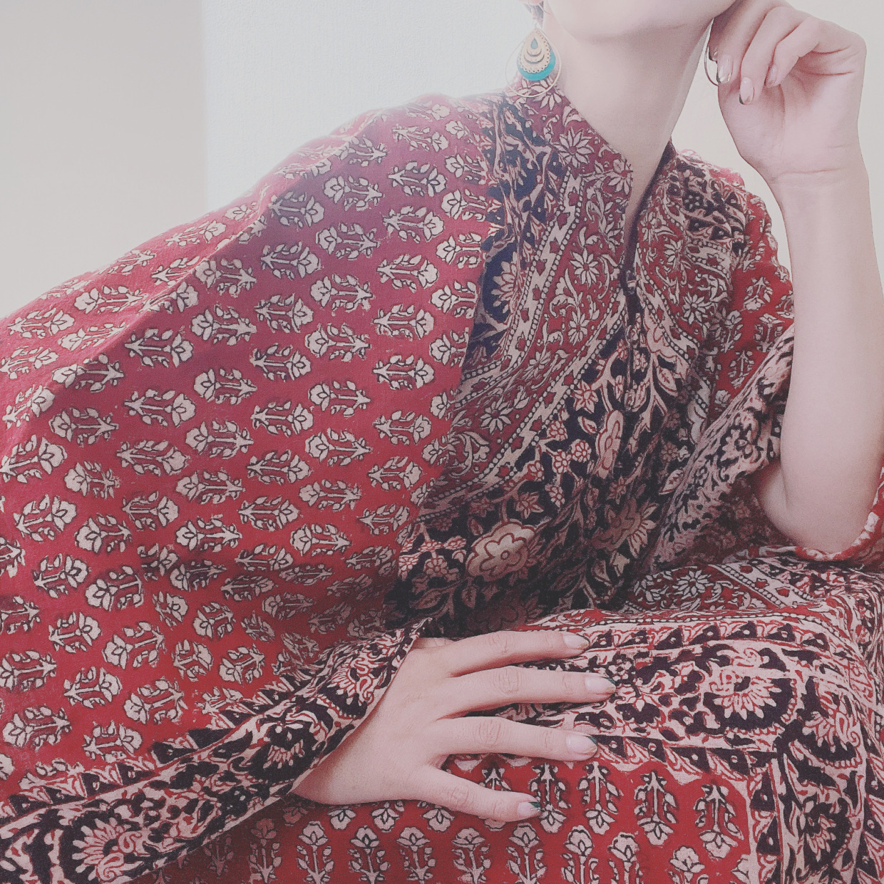 1970s Vintage Indian Cotton Block Print Kaftan Dress